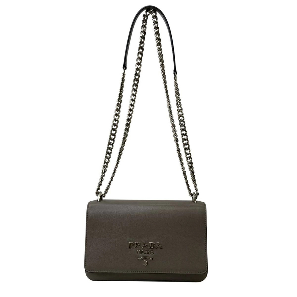 PRADA Logo Leather Chain Shoulder Bag Gray Double Greige Gray Tone Pouch